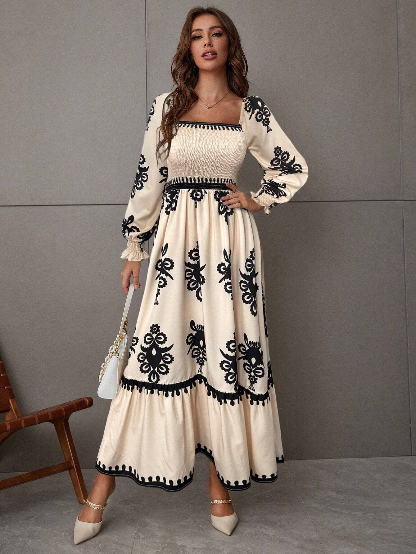 Women's Autumn Winter Elegant Printed Square Neck Long Sleeve Casual Long Dress 3