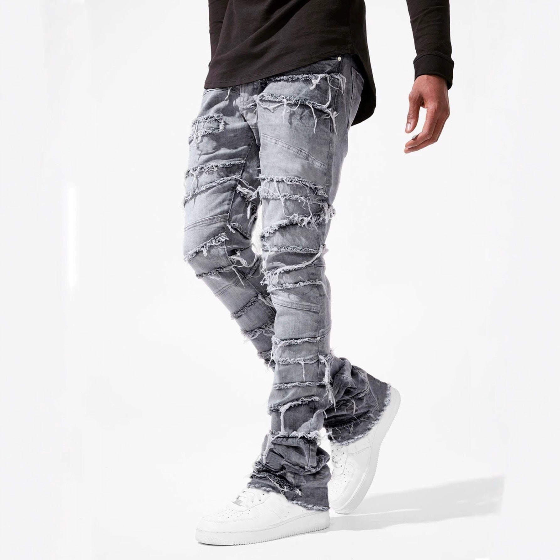Street Fashion Men's Straight Leg Elastic Patch Denim Pants 6