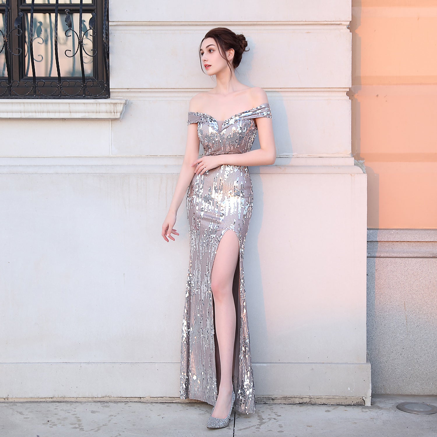 Fishtail Formal Party Elegant Chic Off Shoulder Slit Sequins Evening Dress 6