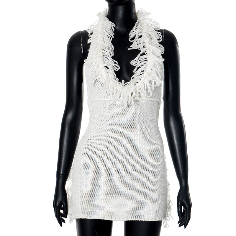 Women's Autumn Winter Tassel Deep V-Neck Halter Neck Lace-Up Low Back Bodycon Knitting Dress 4