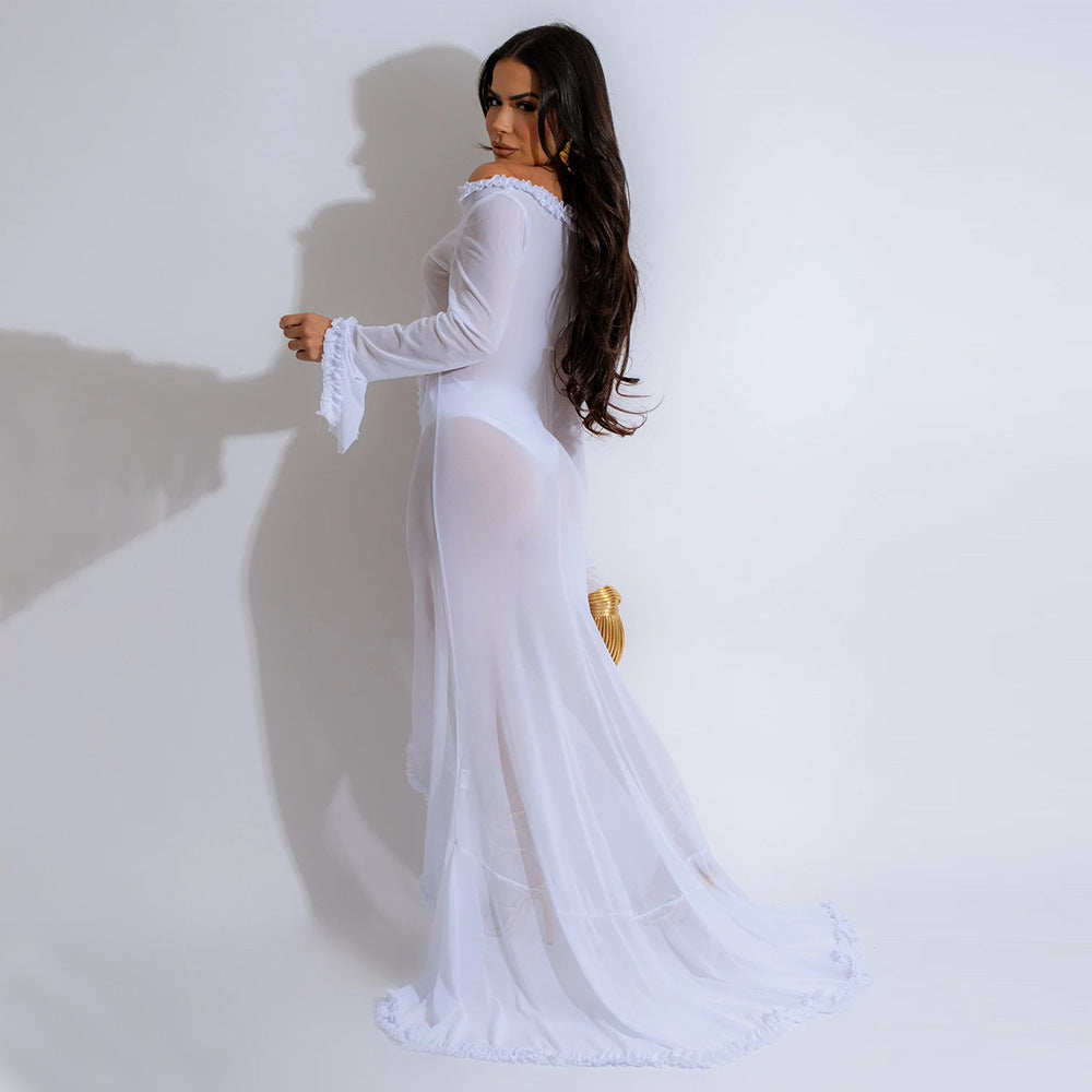 Solid Color See-Through Off Shoulder Long-Sleeved Sexy Long Dress 6