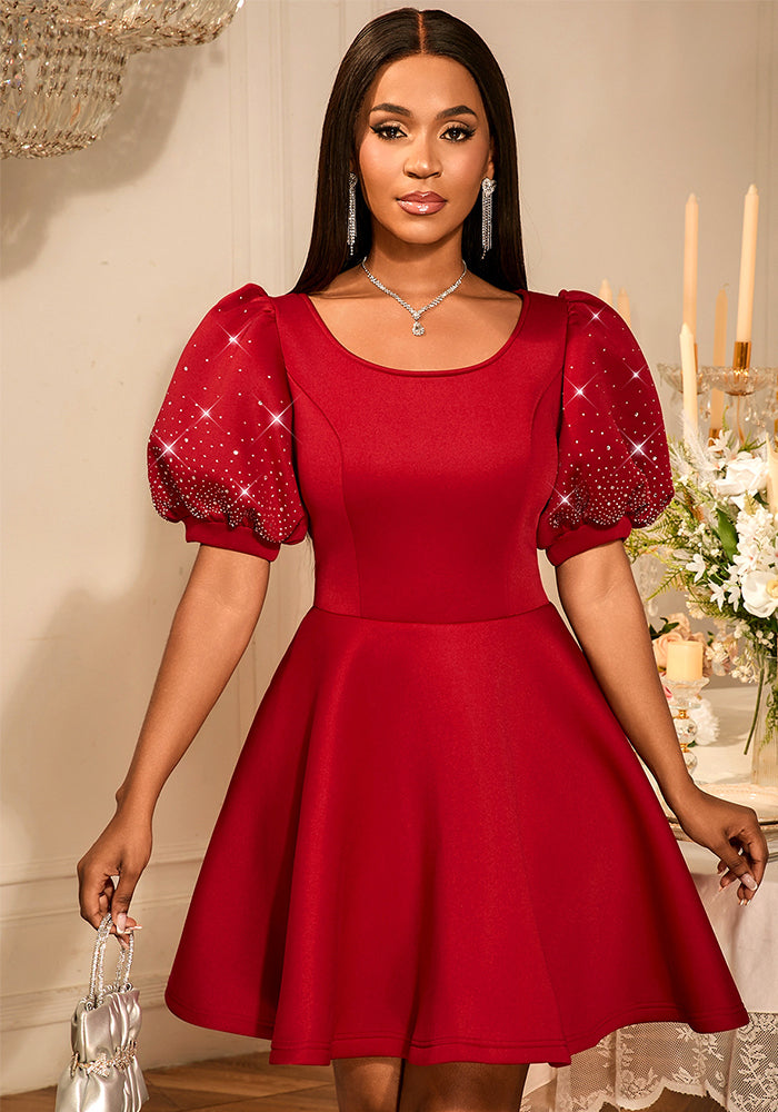 Women Beaded Puff Sleeve Formal Party Evening Dress