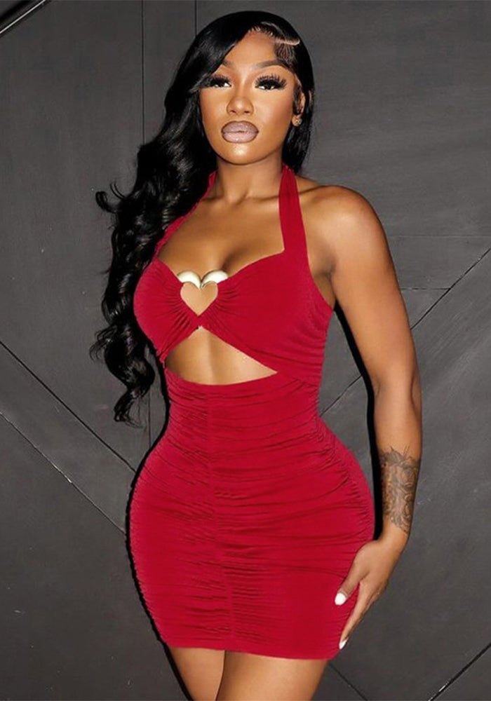 Women’s Heart Print Metal Embellished Halter Neck Low Back Cutout Bodycon Mini Dress 3