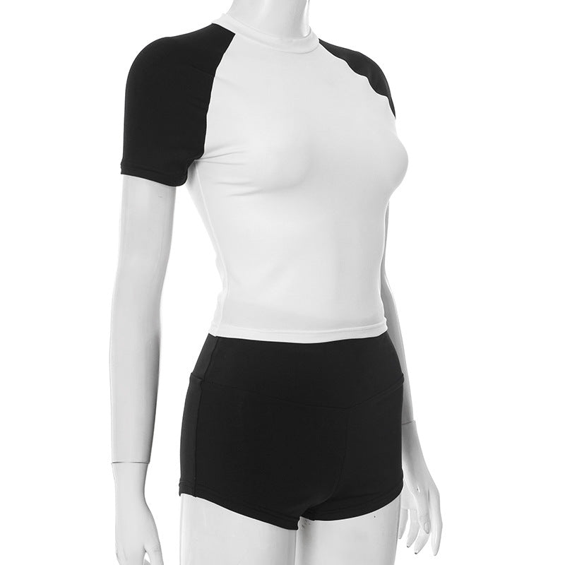 Women Spring and Summer Round Neck Contrast Color Top and Shorts Two-Piece Set 6