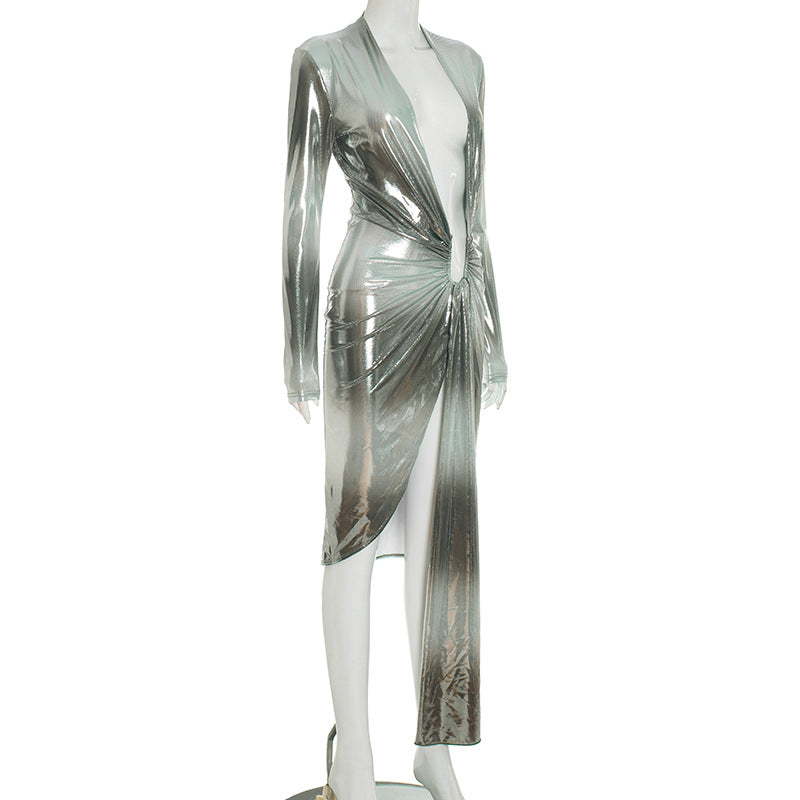 Women Glossy V-Neck Slit Ribbon Dress 6