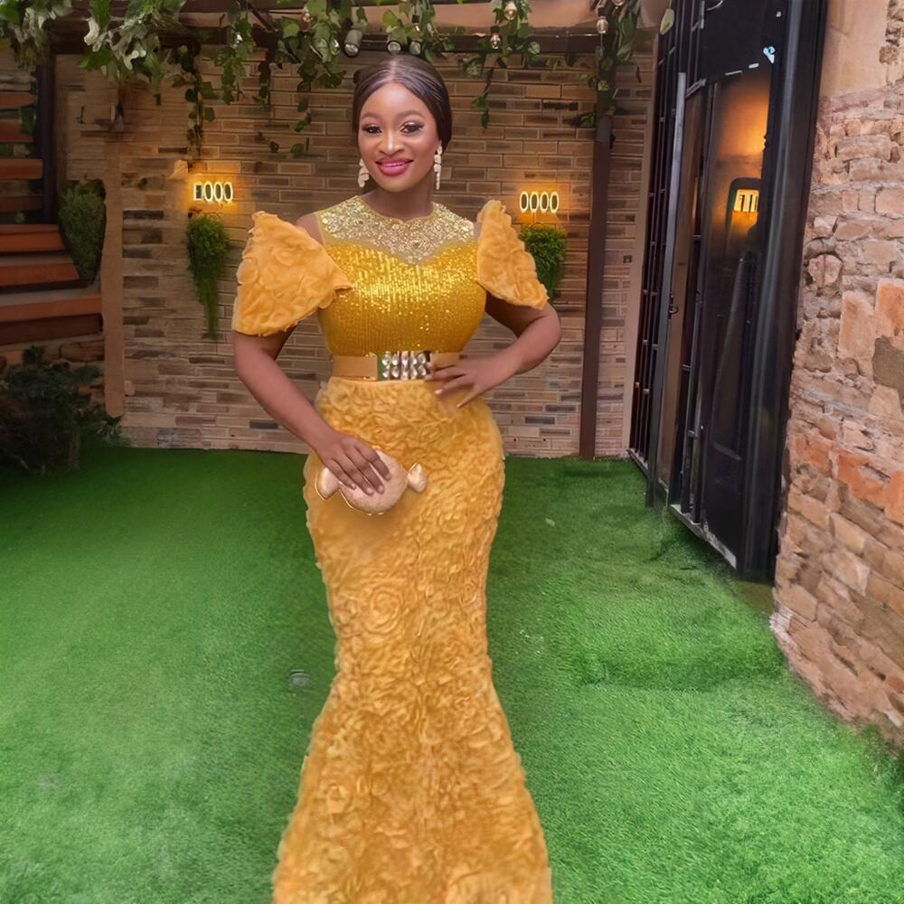 African Women's Dress Luxury Embroidery Off Shoulder Mesh Beaded Belted Evening Dress 7