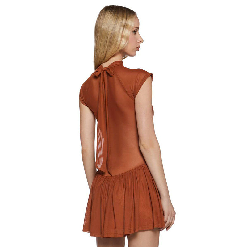 Women Spring and Summer Half-high Neck Lace-up Hollow Lace-Up Patchwork Mesh Pleated Dress 7