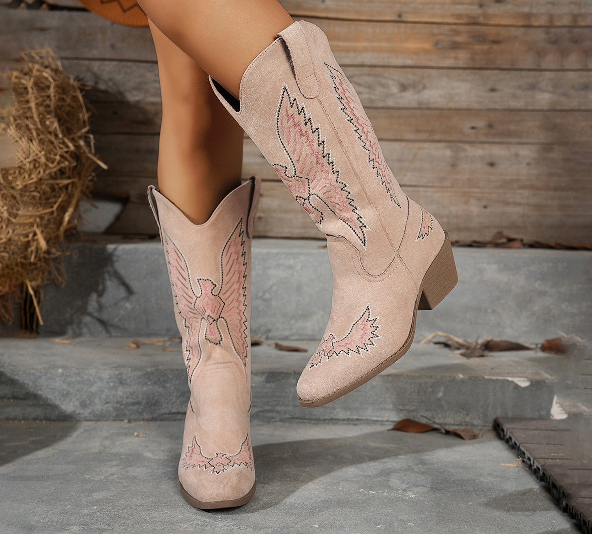Women's Fashion Autumn Winter Mid Heel Round Toe Plus Size Embroidered Leather Boots 5