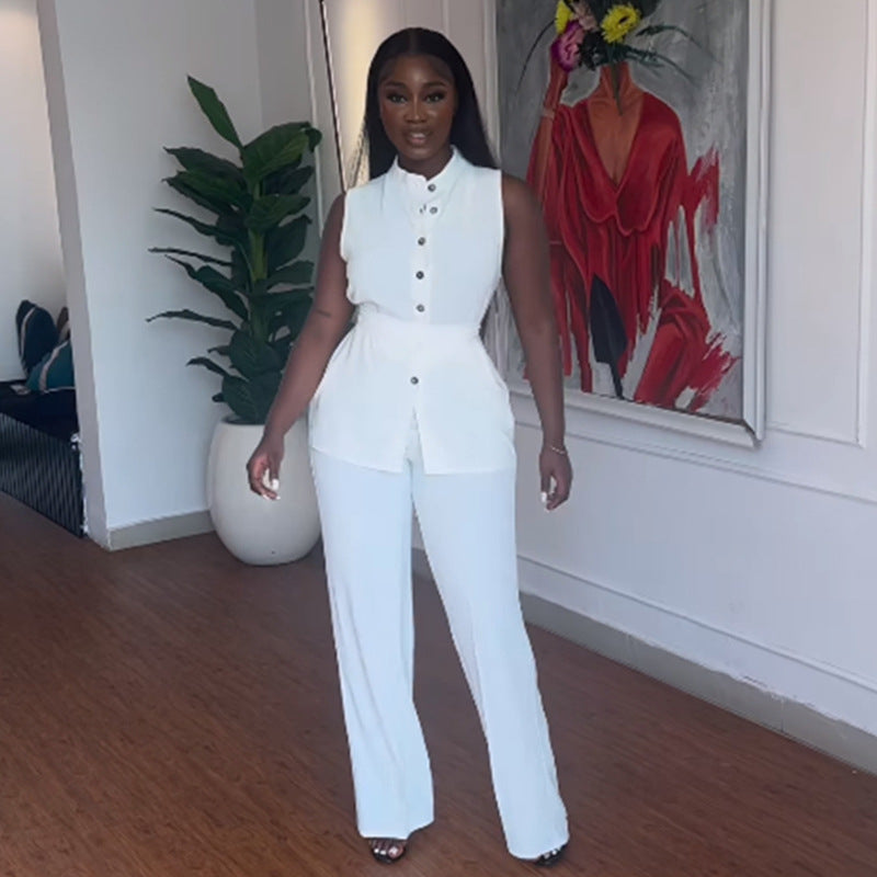 Women's Summer Stand Collar Buttoned Sleeveless Slim Waist Belt Top Wide Leg Pants Two Piece Set