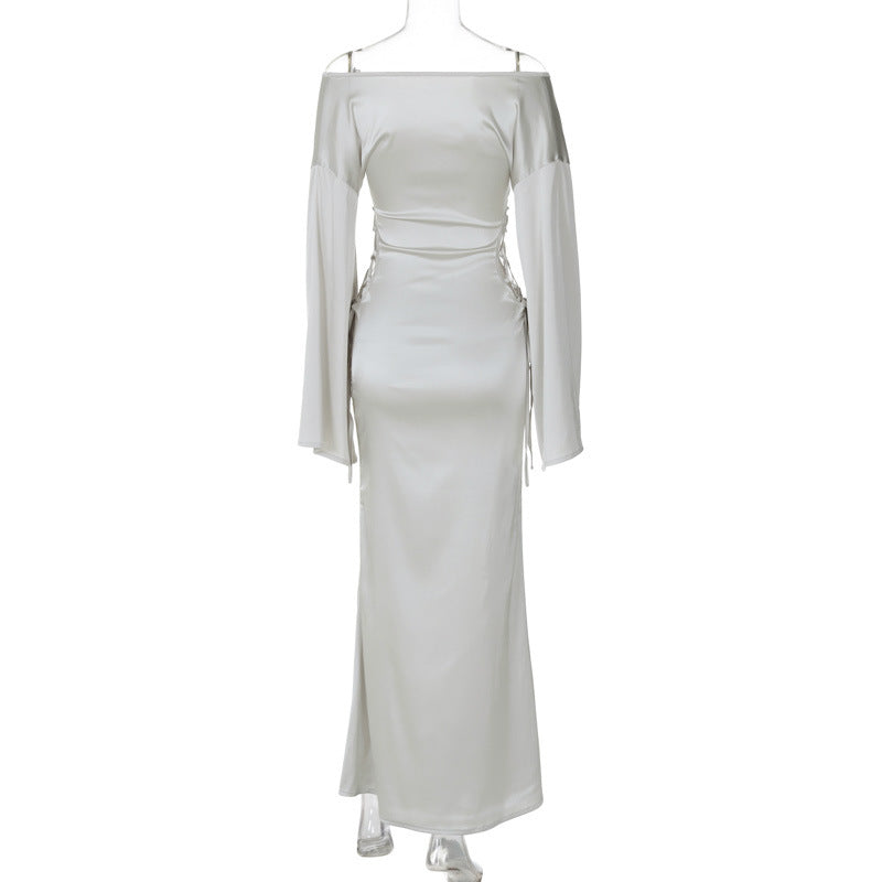 Women Autumn and Winter Tie Hollow Off Shoulder Loose Long Sleeve Dress 13