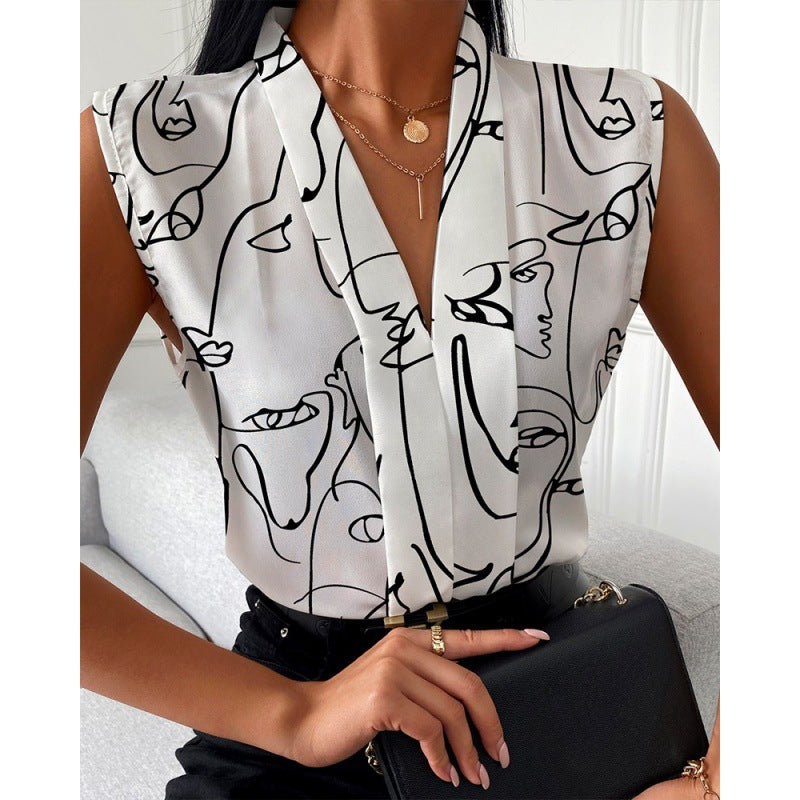 Fashion Casual Sleeveless V-Neck Printed Shirt For Women 12
