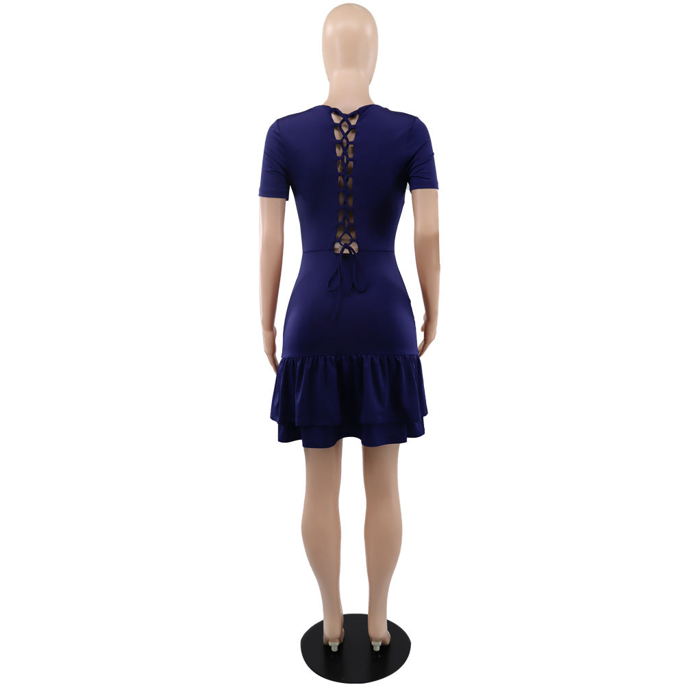 Solid Color Short Sleeve Back Lace-Up Chic Slim Ruffle Summer Dress 8