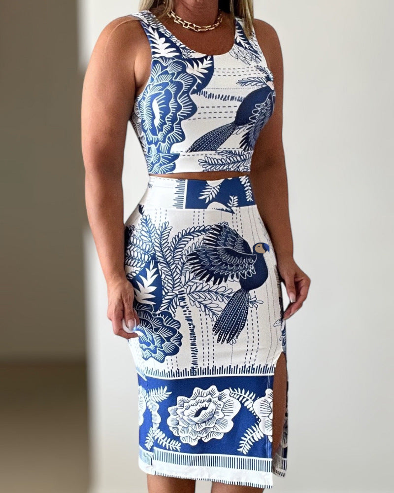 Printed vest top + slit slim skirt set