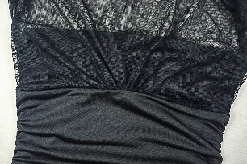 Women Solid Patchwork Sleeveless Turtleneck Pleated Bodycon Dress 12