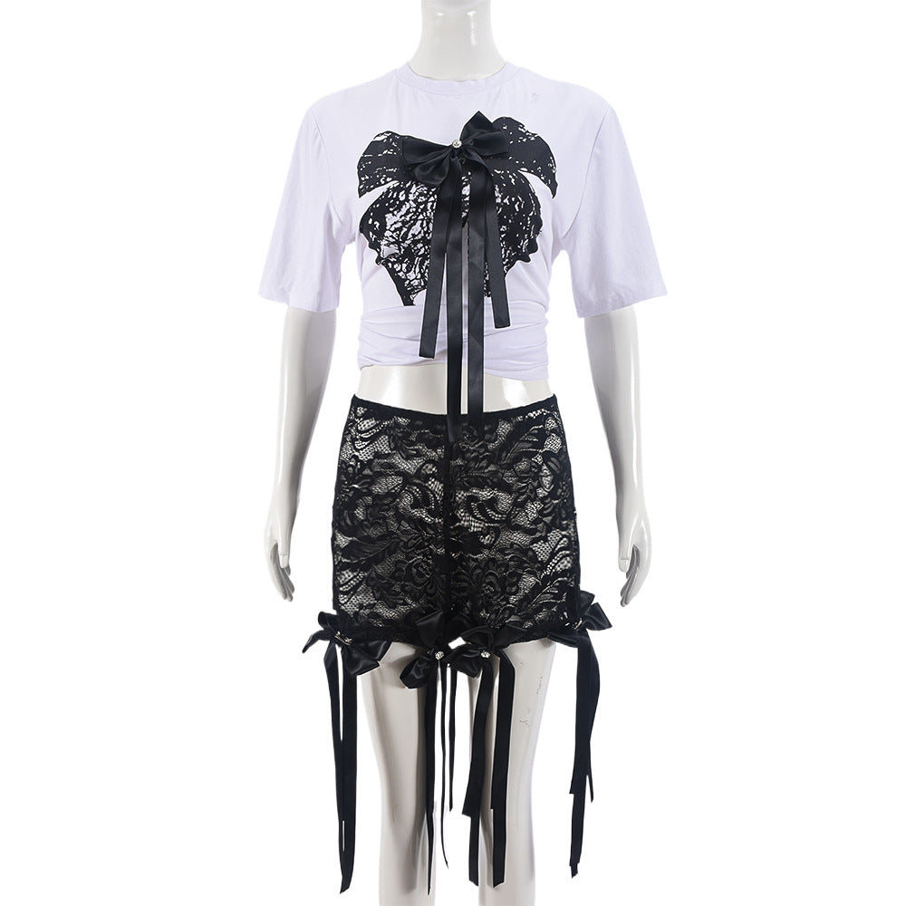 Sexy Bow Short Sleeve Top Lace Trend Shorts Women Two Piece Set 7