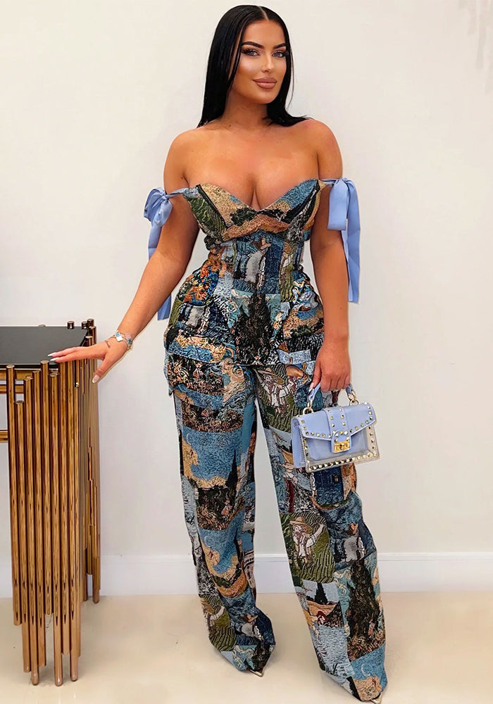 Printed Lace-Up Drawstring Multi-Pocket Two Piece Pants Set