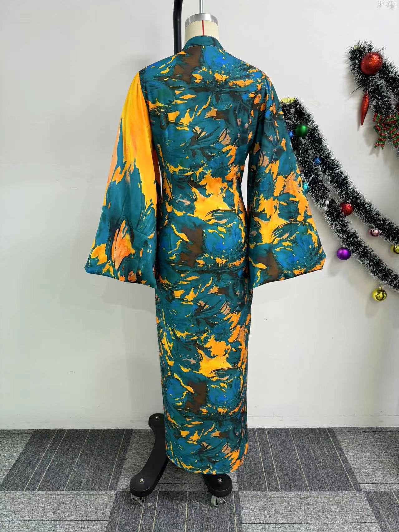 Printing Bell Bottom Sleeve V-Neck Slim Waist Long Dress 6