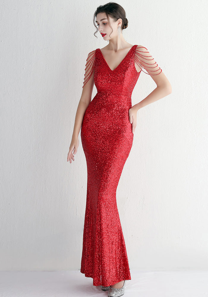 Chic Elegant Sequined Beaded Prom Dress Long Formal Party Slim Fit Evening Dress