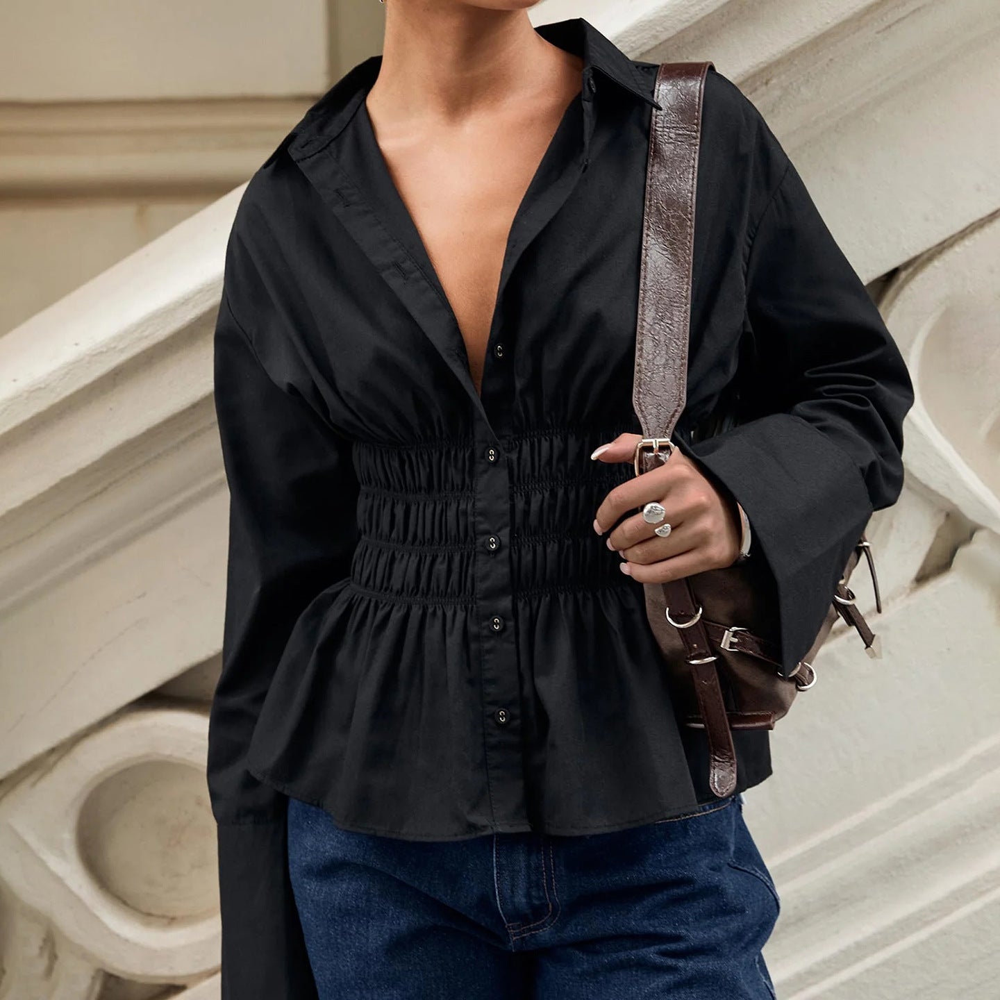 Women Pleated Casual Solid V-Neck Shirt