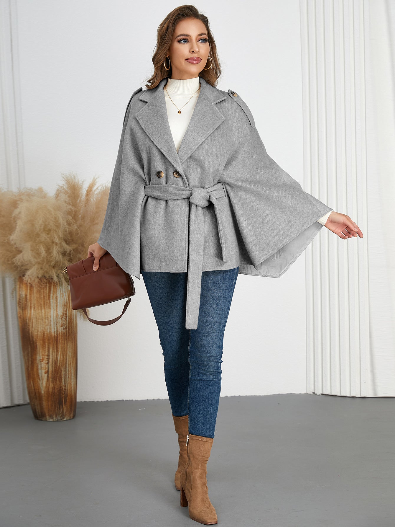 Women Winter Turndown Collar Cape Coat 7
