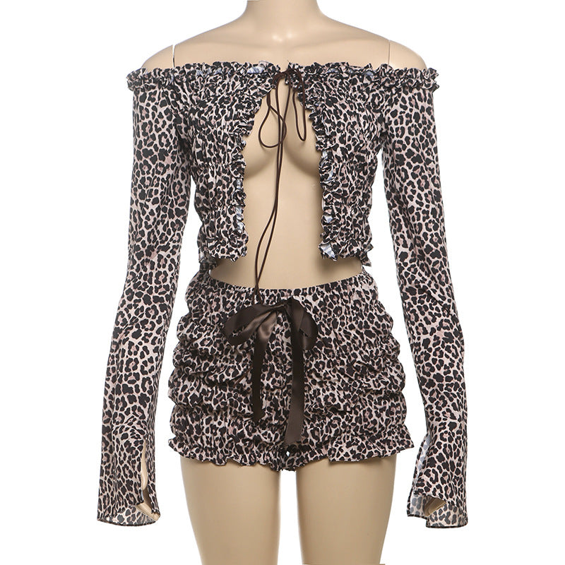 Women Sexy Lace Leopard Long Sleeve Top And Pleated Shorts Two-piece Set 8