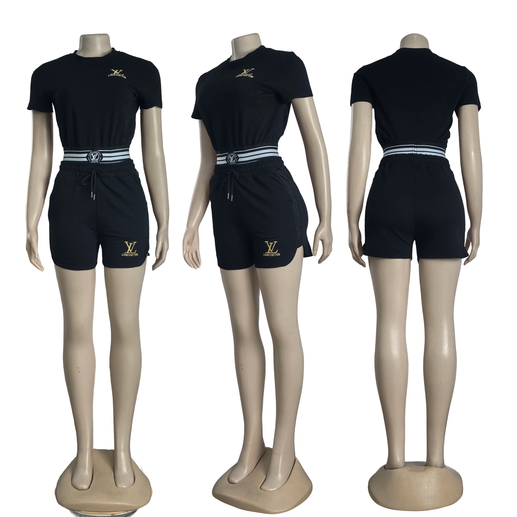 Women's Fashion Casual Cotton Trendy Embroidered Embossed Ribbon Short-Sleeved Shorts Set 17
