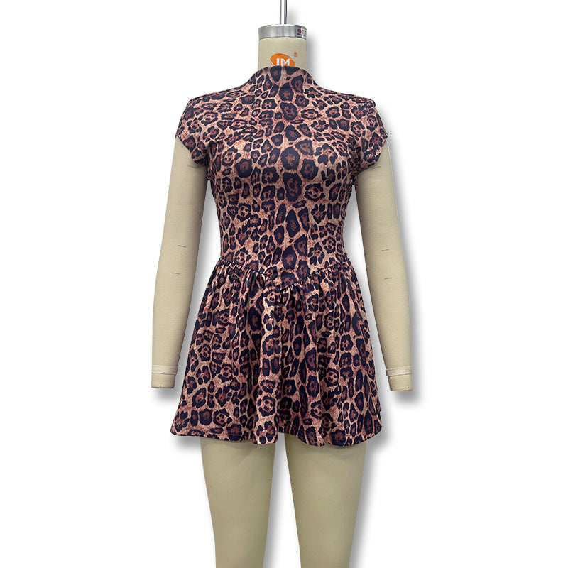 Autumn And Winter Women's Sexy Low Back Round Neck Slim Fit Leopard Pleated Dress 10