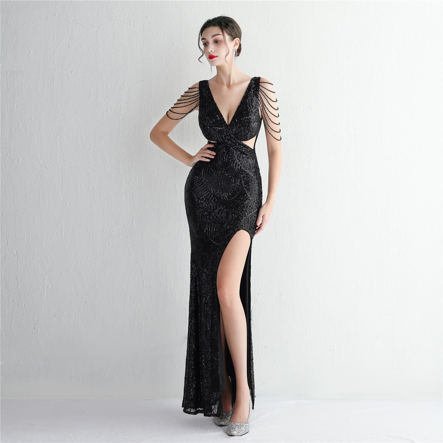 WomenElegant Sequins V Neck SlitEvening Dress 4