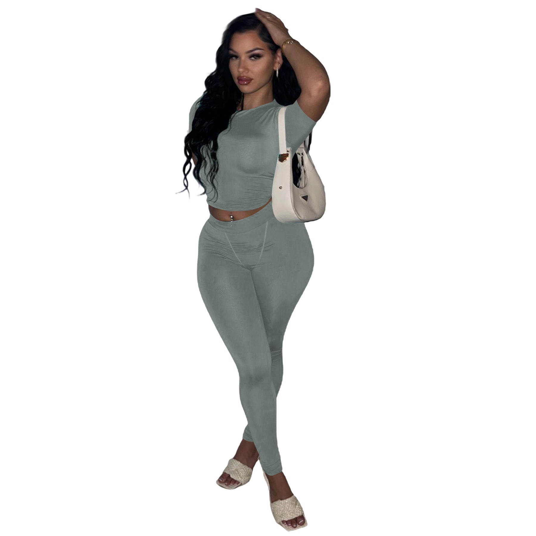 Women Sexy Solid Short Sleeve Top and Pant Two-piece Set 16