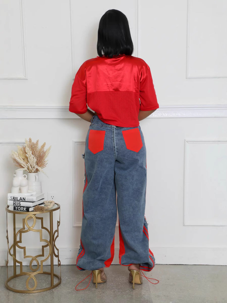 Women’s Streetwear Denim Patchwork Striped Drawstring Pants 8