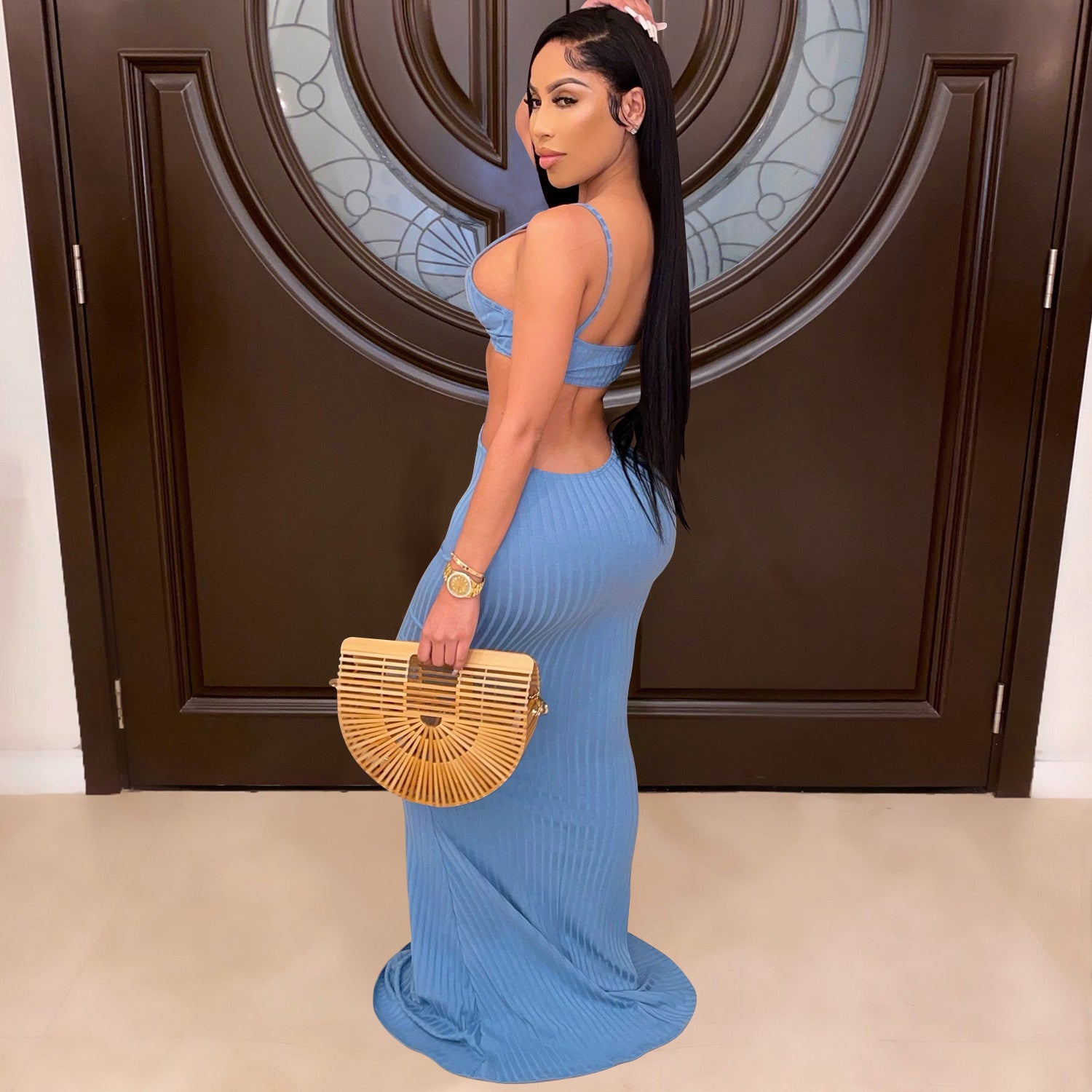 Sexy Knitted Strap Solid Color Dress for Women 15