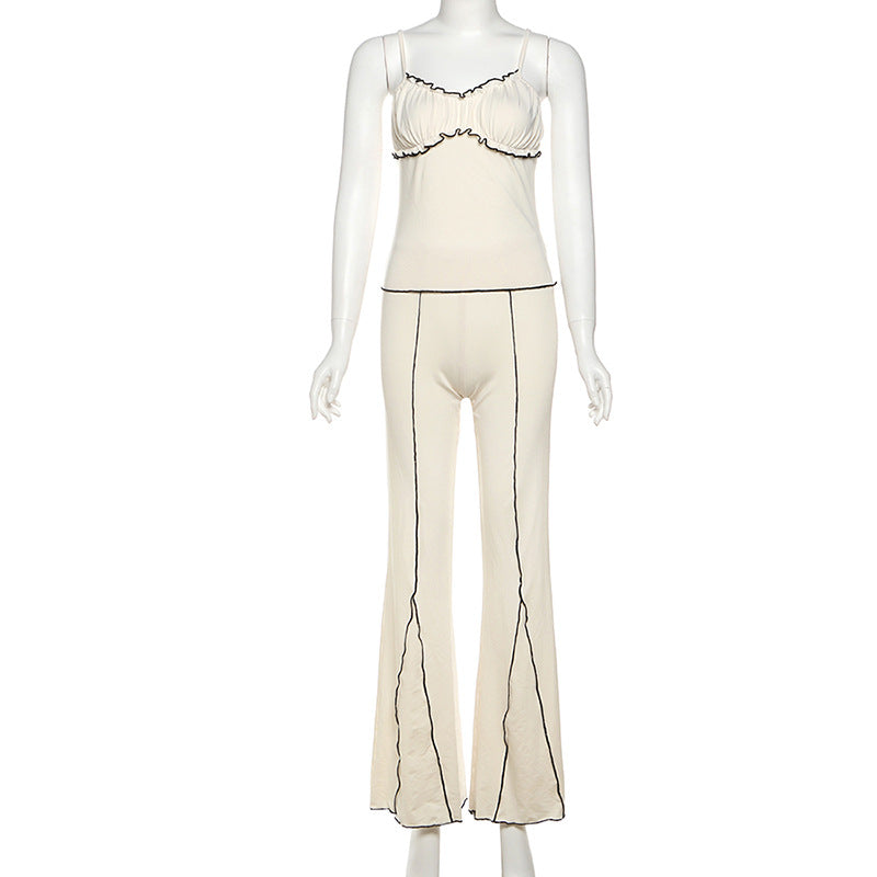 Summer women's fashion sweet sexy Strap pleated vest high waist trousers set 6