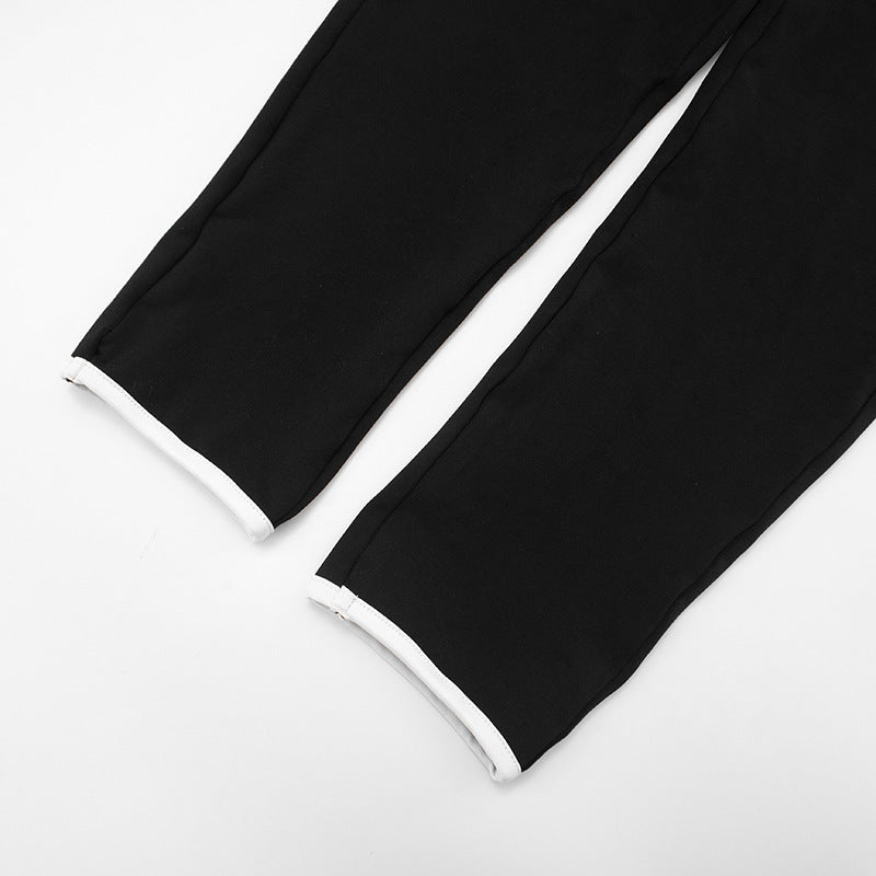Women's Autumn Winter Solid Color Patchwork Color Block Trim Long Sleeve Top Slim Pants Set 24