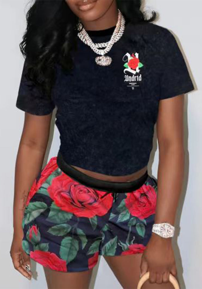 Women Casual Trendy Printed Short Sleeve Top and Shorts Two-Piece Set