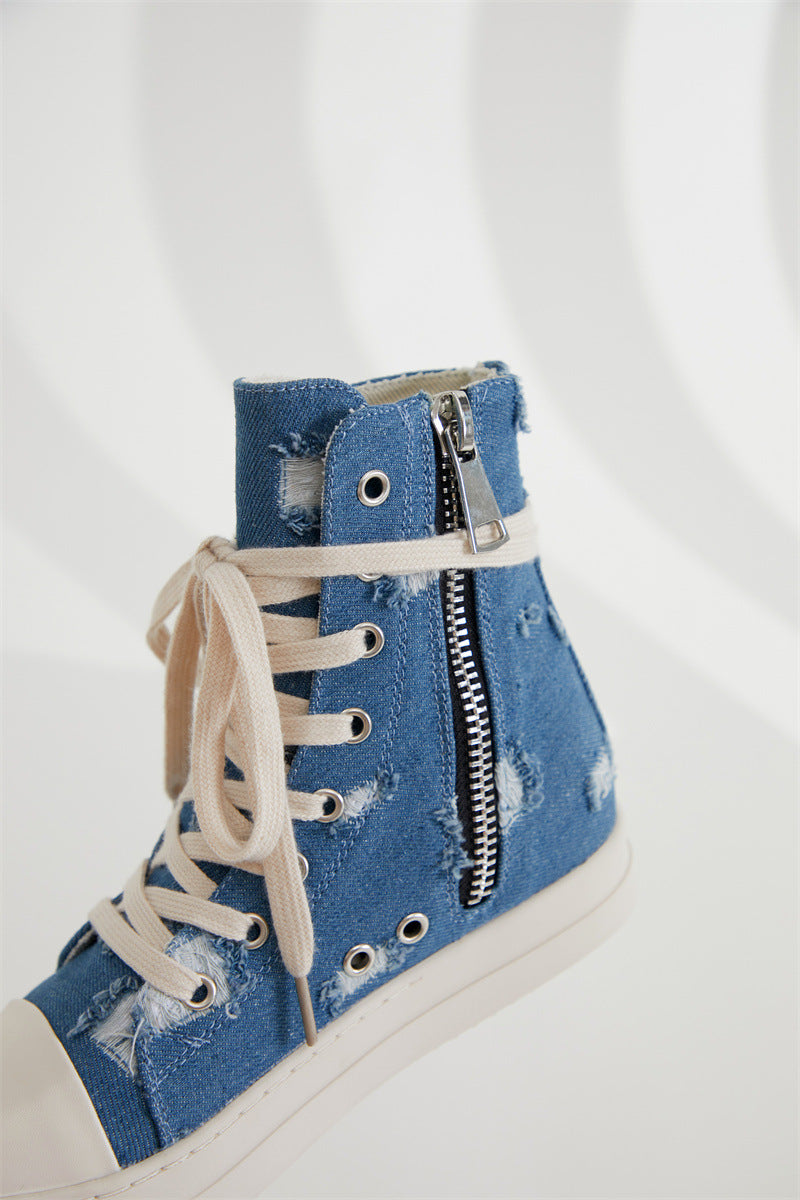 Platform Canvas Shoes Women's Washed Couple High-Top Shoes Ripped Denim Style Trendy Shoes For Men 21