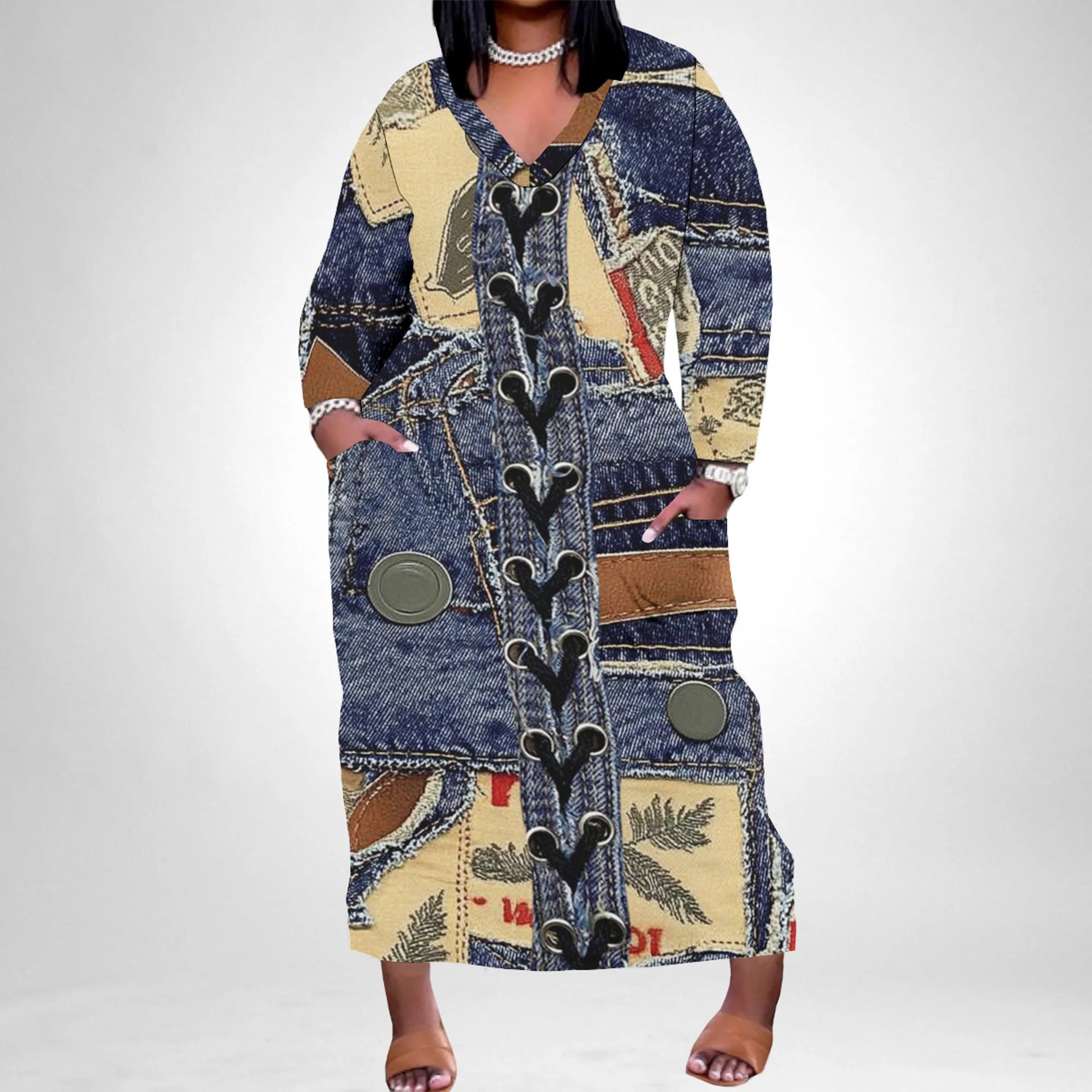 Women's Casual Printed Long Sleeves Plus Size Dress 5