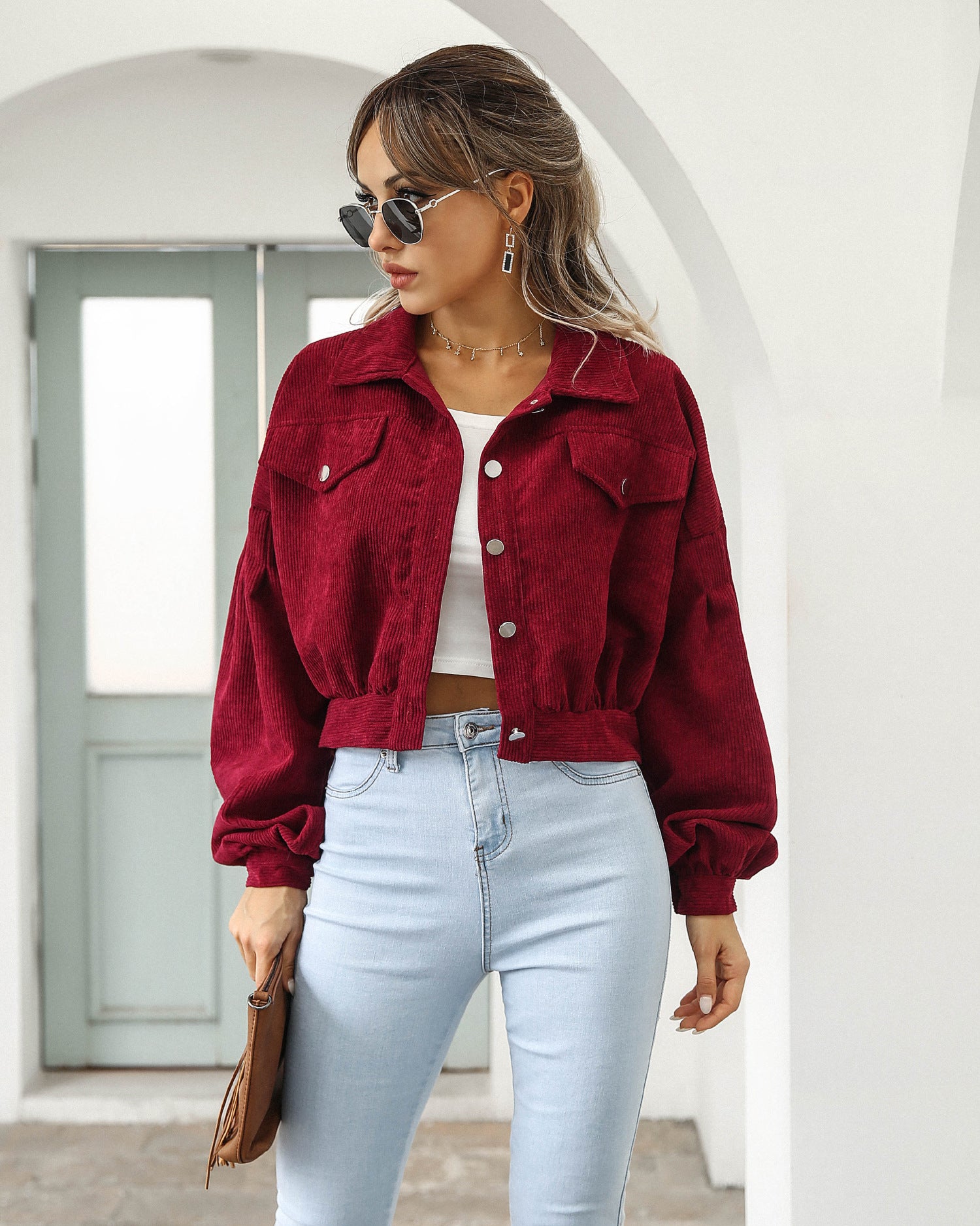 Women Casual Turndown Collar Corduroy Balloon Sleeve Single Breasted Crop Jacket 3