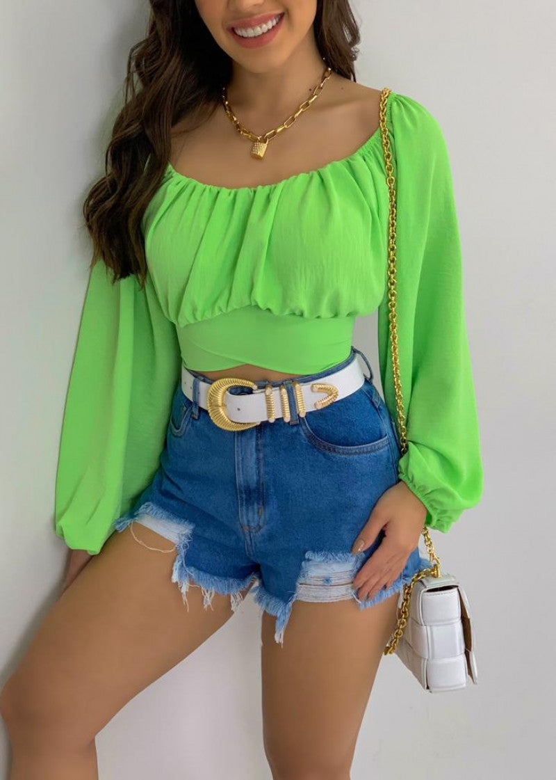 Top Women's Solid Color Lantern Sleeve Off Shoulder Sexy Puff Sleeve Crop Shirt 16