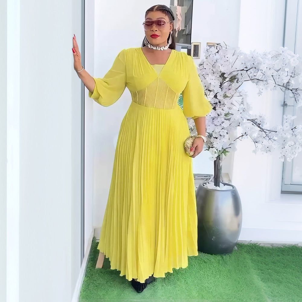 Plus Size African Women elegant v-neck pleated dress 6