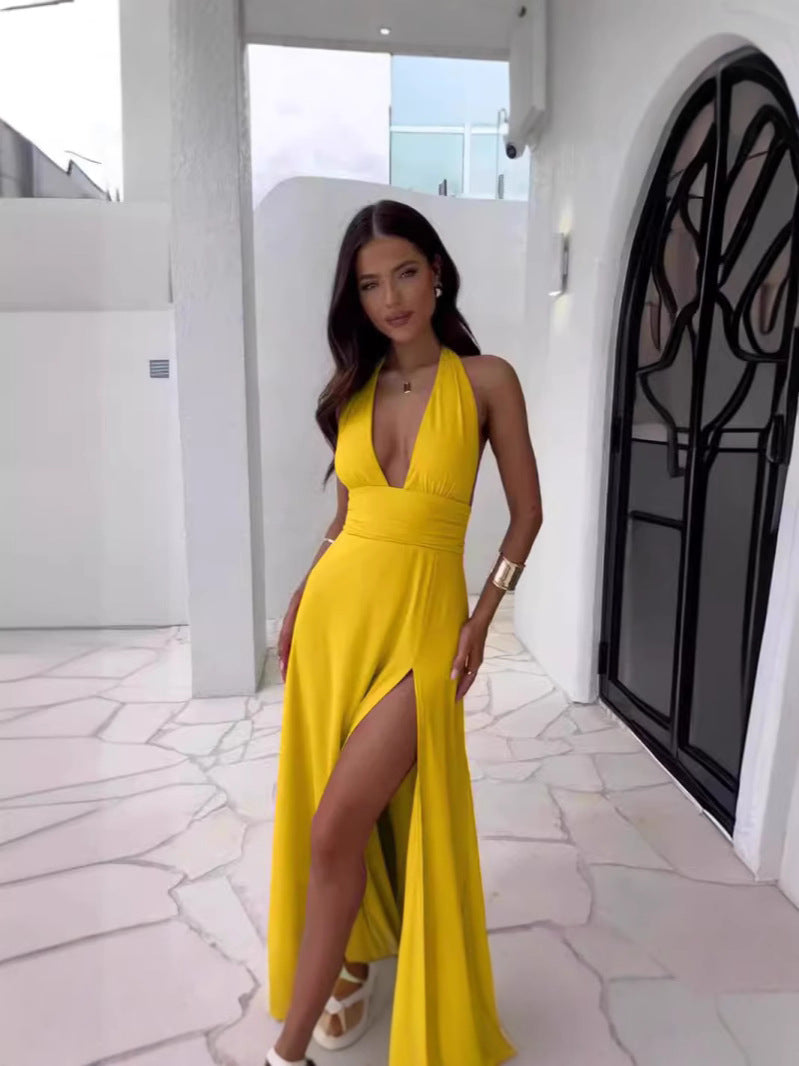 Spring and summer women's clothing Chic Halter Neck Low Back sexy slit lace-up solid color dress 9