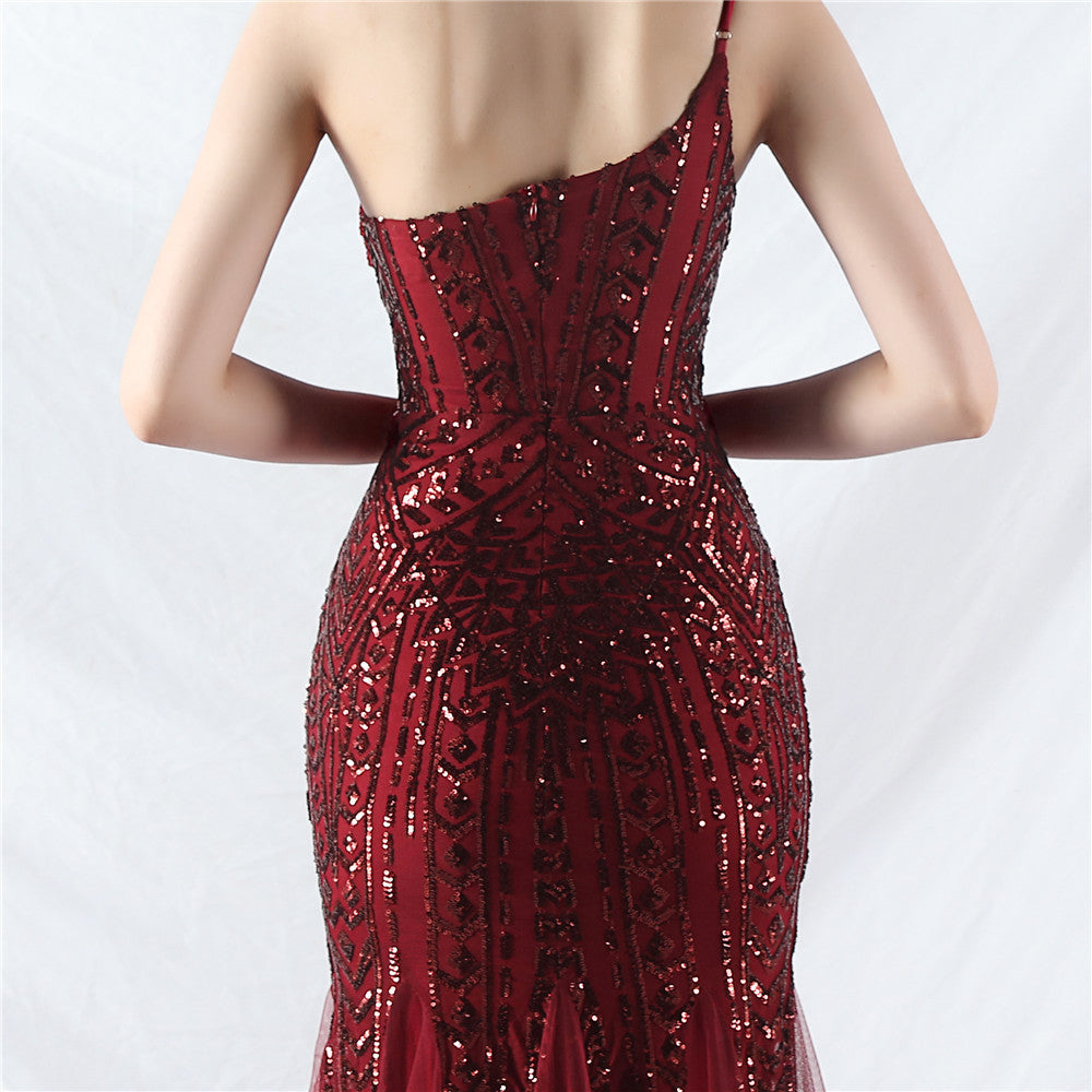 Sexy One Shoulder Sequins Mesh Patchwork Evening Dress 42