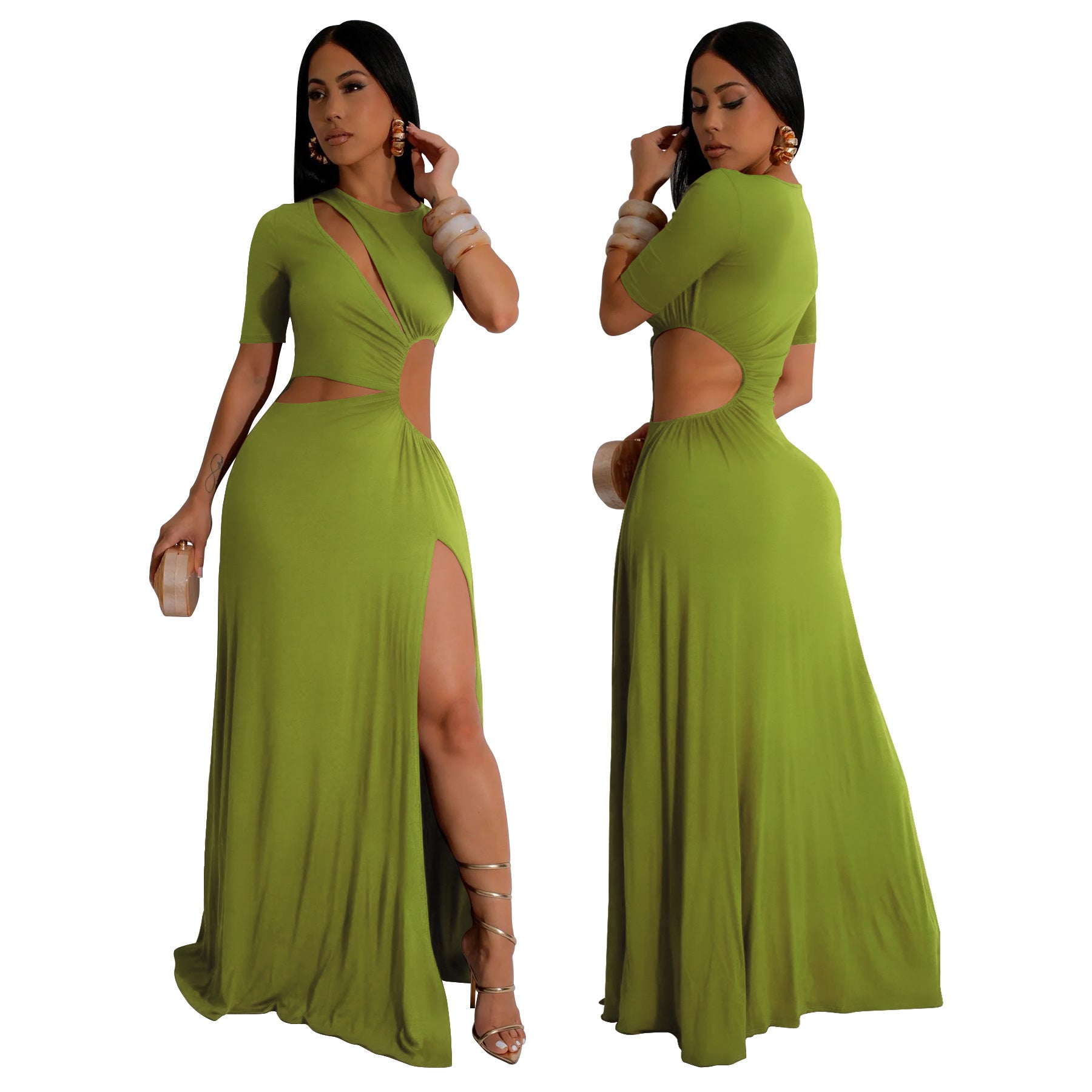 Women's Sexy Hollow Waist Irregular Long Solid Color Slit Dress 5