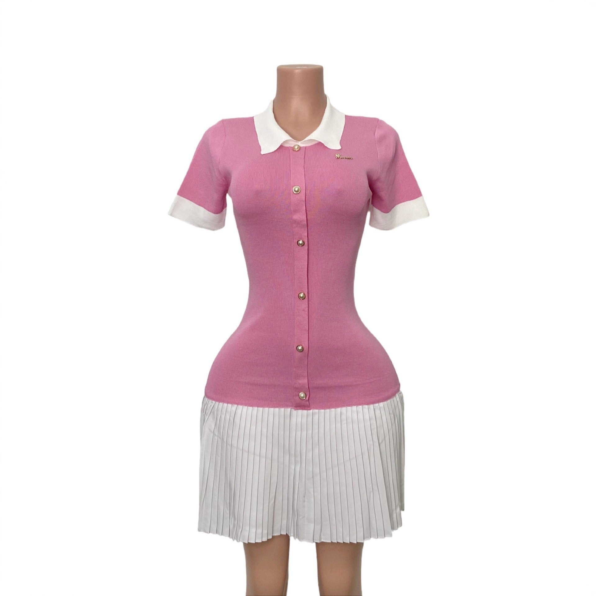 Women Contrast Color Turndown Collar Knitting Short-Sleeved Pleated Dress 15