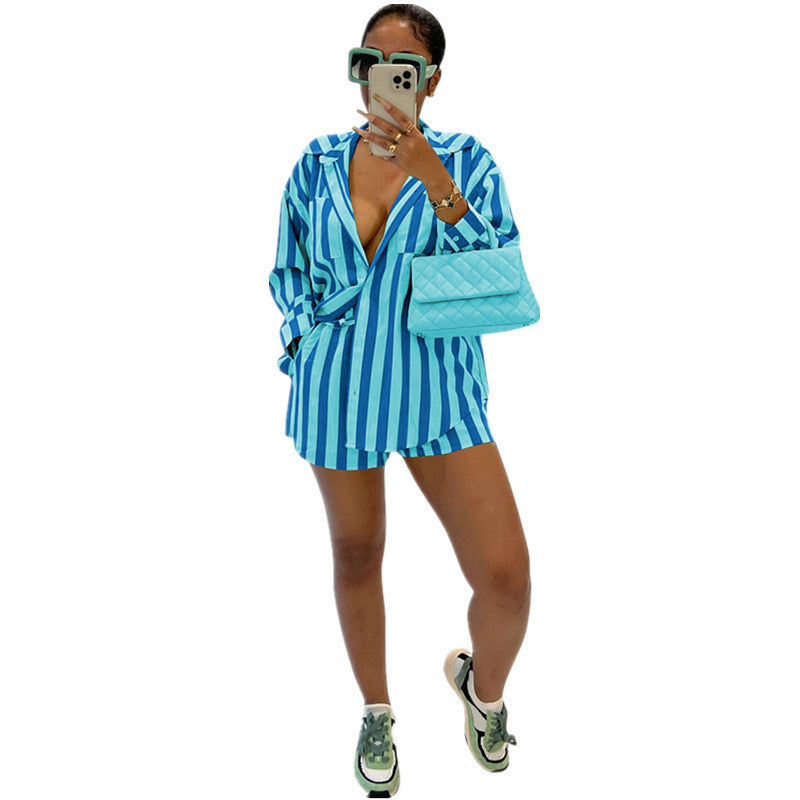 Women Casual striped shirt and Lace-Up shorts two-piece set 6