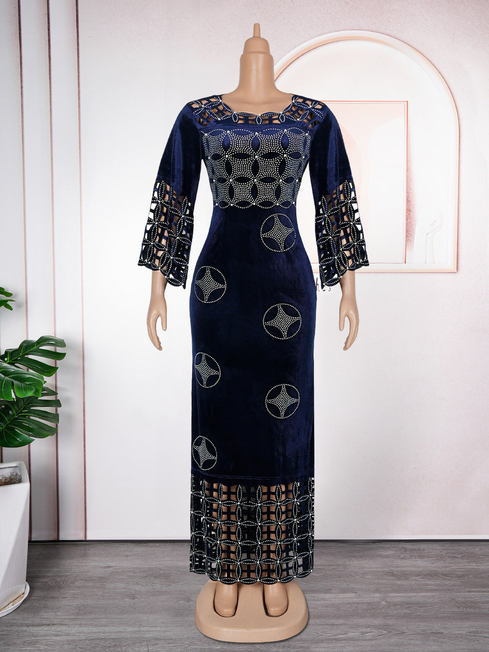 Fashion Beaded Slim Long Dress African Velvet Evening Dress 6