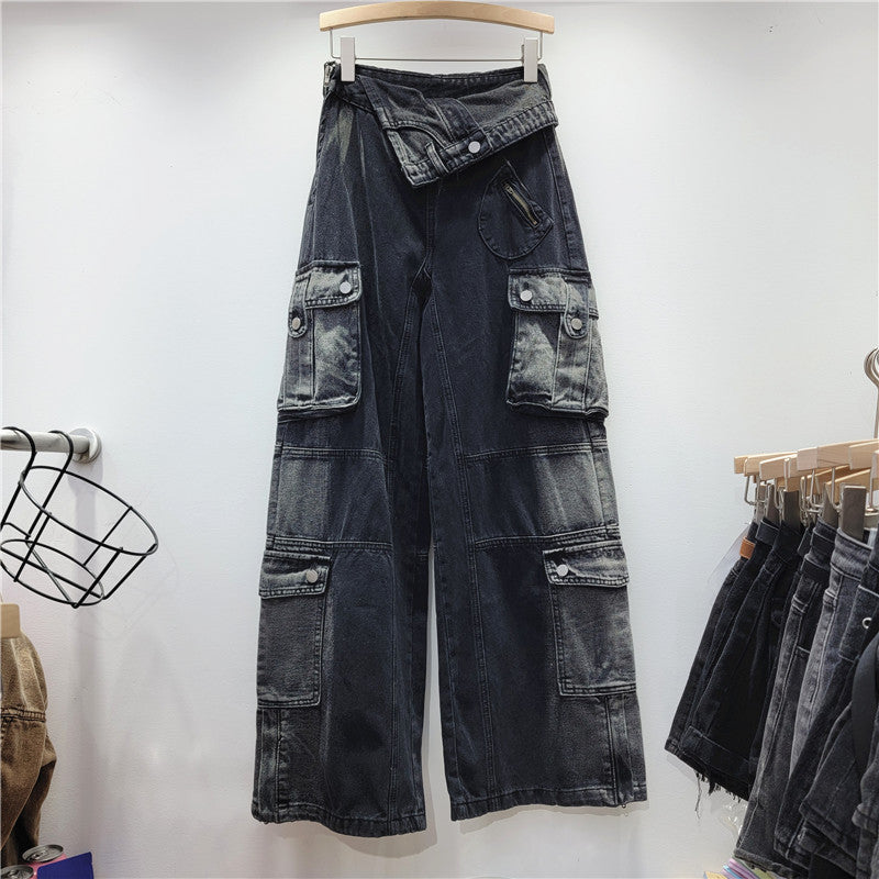 spring Trendy High Waist Style Pocket Cargo Denim Straight Pants Women's Loose Slim Fit Wide Leg trousers 8