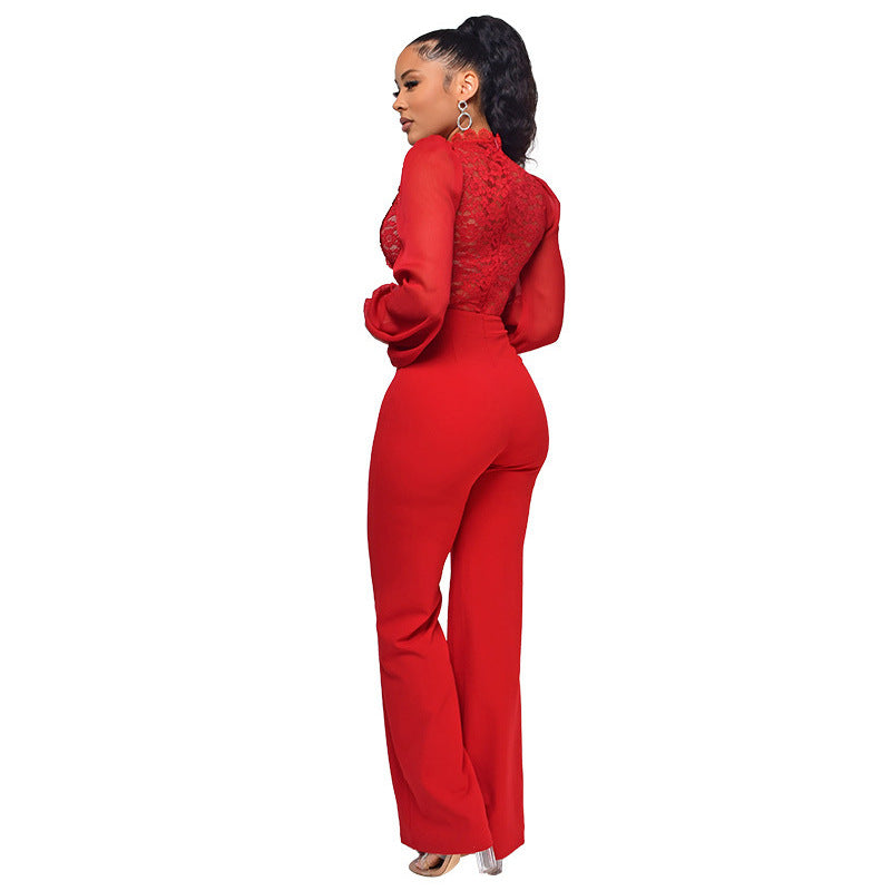 Women's High Waist High Collar Lace Long Sleeve Straight Leg Jumpsuit For Women 6