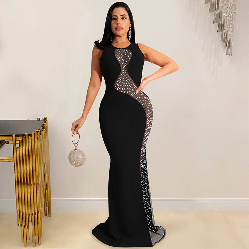 Women Sexy Beaded Mesh See-Through Sleeveless Backless Maxi Dress