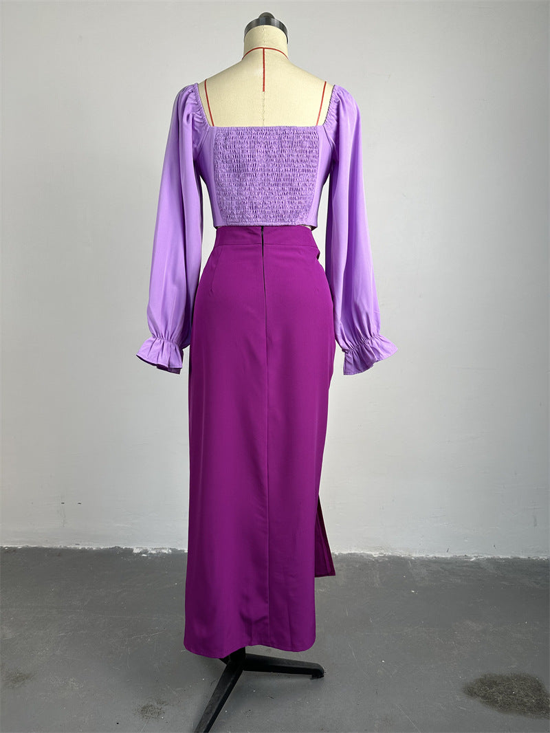 Women's Spring Fashion Square Neck Bell Bottom Sleeve Cropped Top Slit Skirt Two Piece Set 14