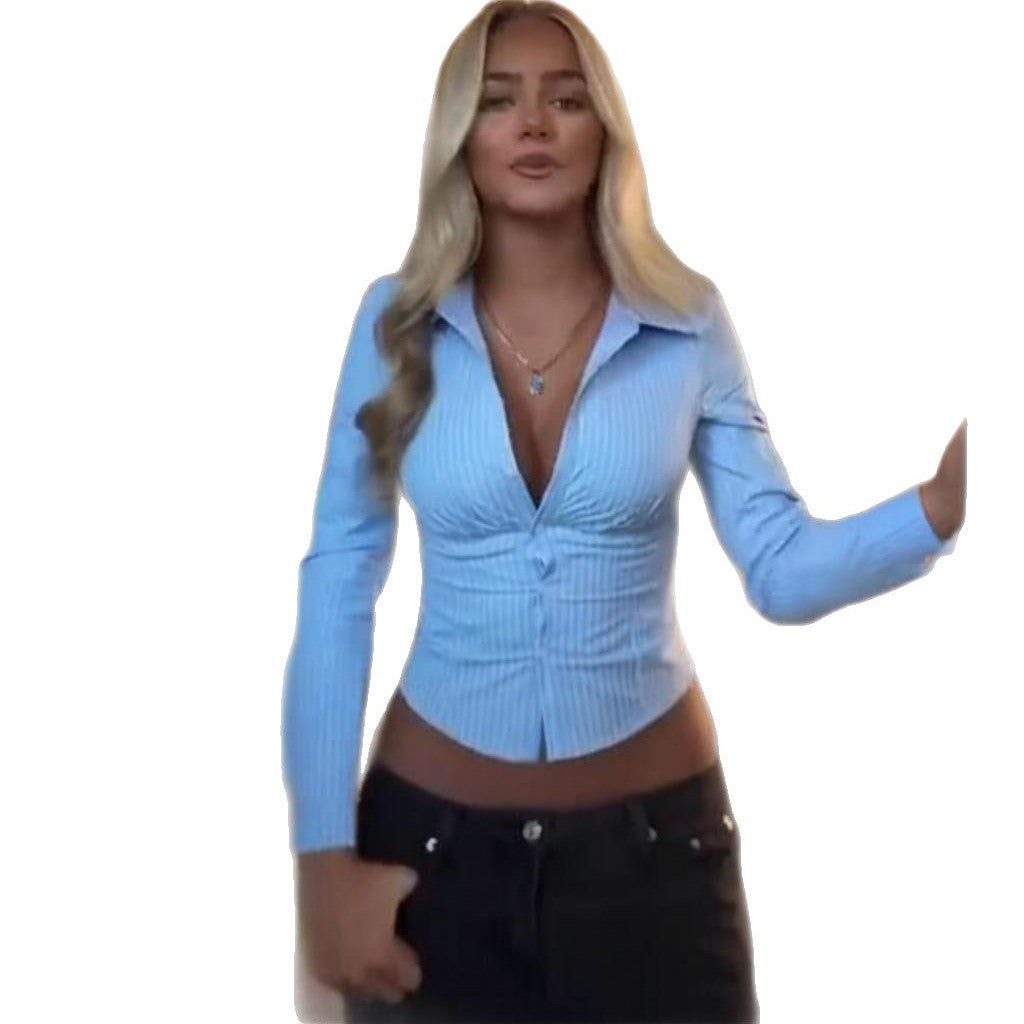 Women's Turndown Collar Shirt & Fishbone Slim Waist Top 6